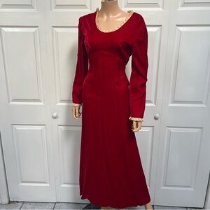 1960 Red Velvet Long Christmas Dress Lace Trim Lind Sleeve